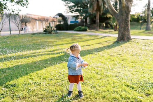 Little girl is standing in a flowering meadow and sorting through something in the palm of her hand. High quality photo