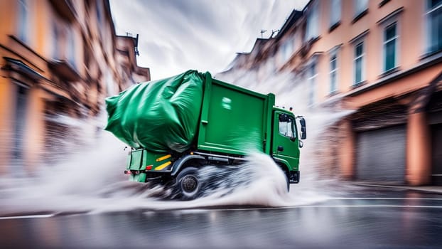 Garbage Truck full of trash, splashing liquids, panning, motion blurred speeding fast drive, drifting, cityscape, raining, cityscape, city servicce waste management service