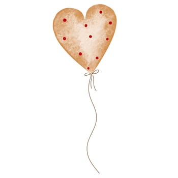 Watercolor cute balloon in the shape of a beige heart with a red dot with a string. Isolate for the design of cards and invitations for Valentine's Day