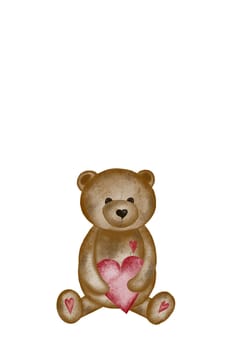 watercolor drawing of a cute bear with a heart. Valentine's day card template with cute teddy bear. Holiday card for loved ones.