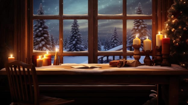 wider view of wooden desk with christmas decor at home in winter comeliness