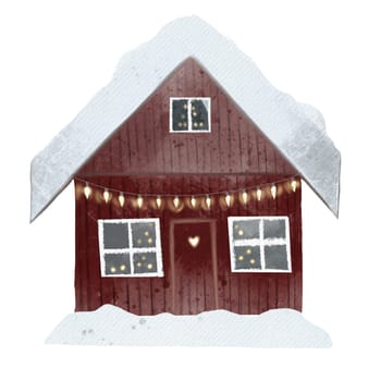 Watercolor drawing of a snowy winter house with a garland of lanterns. Cute isolate for designing Christmas cards and invitations in hygge style.