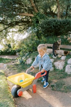 Little girl stands holding a toy wheelbarrow with balls in the park by the handles. High quality photo