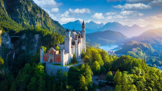 Famous Neuschwanstein Castle with scenic mountain landscape near Fussen, Bavaria, Germany. Neuschwanstein Castle in Hohenschwangau, Germany. 