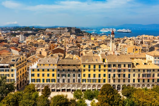 Panoramic view of Kerkyra, capital of Corfu island, Greece. Aerial drone view of Kerkyra with beautiful buildings during summer sunny day. Corfu island, Greece. 