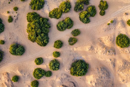 Aerial drone view over sand dunes close to Lake Korission. It is located in the southern part of Greek island of Corfu, Greece.
