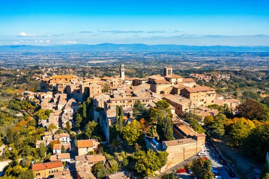 Village of Montepulciano with wonderful architecture and houses. A beautiful old town in Tuscany, Italy. Aerial view of the medieval town of Montepulciano, Italy