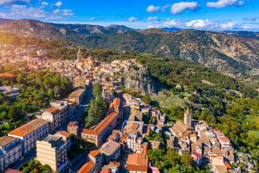 Amazing cityscape of Novara di Sicilia town. Aerial view of Novara di Sicilia, Sicily, Italy, Europe. Mountain village Novara di Sicilia, Sicily, Italy.