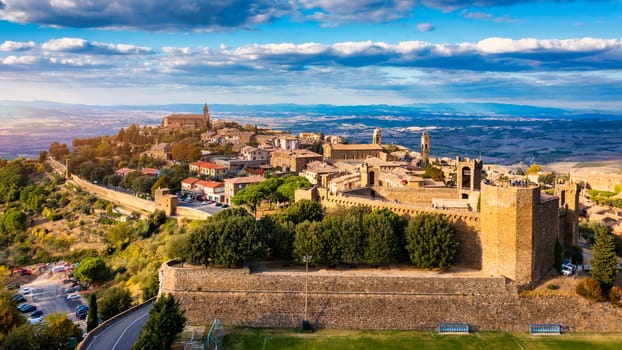 View of Montalcino town, Tuscany, Italy. The town takes its name from a variety of oak tree that once covered the terrain. View of the medieval Italian town of Montalcino. Tuscany