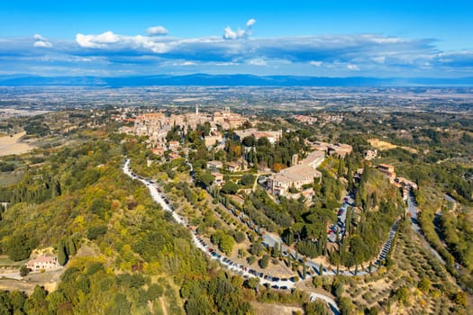 Village of Montepulciano with wonderful architecture and houses. A beautiful old town in Tuscany, Italy. Aerial view of the medieval town of Montepulciano, Italy