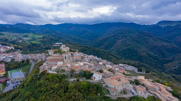 Aerial view of the city Montalbano Elicona, Italy, Sicily, Messina Province.  Aerial view of the medieval town of Montalbano Elicona with the castle of Federico II, Italy, Sicily.