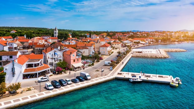 Petrcane village tourist destination coastline aerial panoramic view, Dalmatia region of Croatia. Aerial top view of village Petrcane, Croatia. Petrcane aerial view, Dalmatia region of Croatia