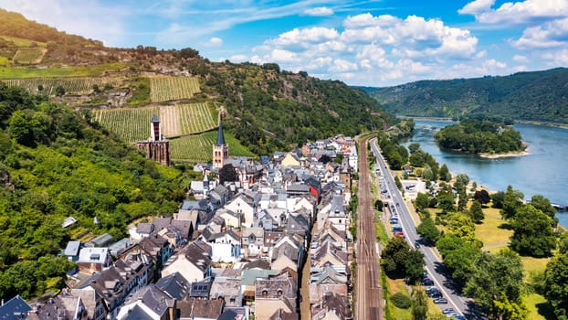 Bacharach panoramic view. Bacharach is a small town in Rhine valley in Rhineland-Palatinate, Germany. Bacharach on Rhein town, Rhine river, Germany.