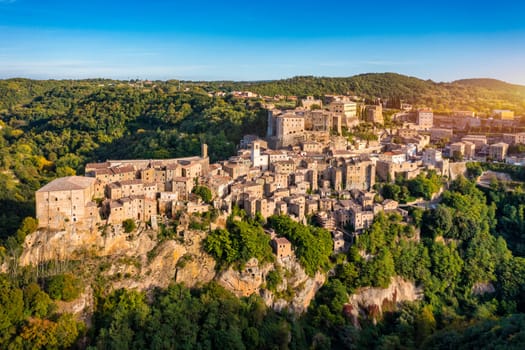 Medieval Pitigliano town over tuff rocks in province of Grosseto, Tuscany, Italy. Pitigliano is a small medieval town in southern Tuscany, Italy.