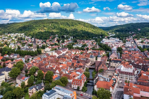 Old city of Ettlingen in Germany with a river and a church. View of a central district of Ettlingen, Germany, with a river and a bell tower of a church. Ettlingen, Baden Wurttemberg, Germany.