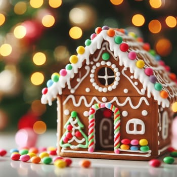 handmade Christmas gingerbread house decorated with star-shaped candies sits on a wooden table. Christmas tree lights in the background. Delicious cookies prepared for the holiday.