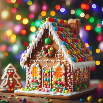 handmade Christmas gingerbread house decorated with star-shaped candies sits on a wooden table. Christmas tree lights in the background. Delicious cookies prepared for the holiday.