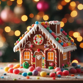 handmade Christmas gingerbread house decorated with star-shaped candies sits on a wooden table. Christmas tree lights in the background. Delicious cookies prepared for the holiday.