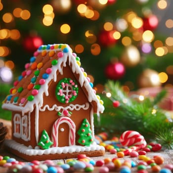 handmade Christmas gingerbread house decorated with star-shaped candies sits on a wooden table. Christmas tree lights in the background. Delicious cookies prepared for the holiday.