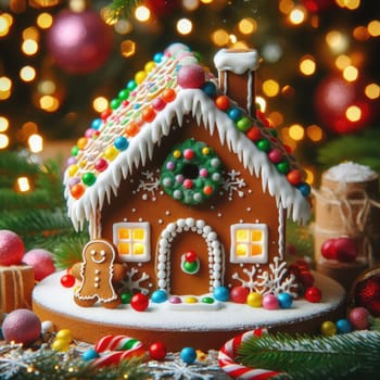 handmade Christmas gingerbread house decorated with star-shaped candies sits on a wooden table. Christmas tree lights in the background. Delicious cookies prepared for the holiday.