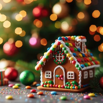 handmade Christmas gingerbread house decorated with star-shaped candies sits on a wooden table. Christmas tree lights in the background. Delicious cookies prepared for the holiday.