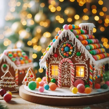 handmade Christmas gingerbread house decorated with star-shaped candies sits on a wooden table. Christmas tree lights in the background. Delicious cookies prepared for the holiday.