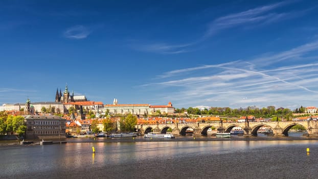 Skyline view panorama of Charles bridge (Karluv Most) with Old Town in Prague. Czech Republic