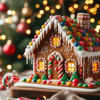 handmade Christmas gingerbread house decorated with star-shaped candies sits on a wooden table. Christmas tree lights in the background. Delicious cookies prepared for the holiday.