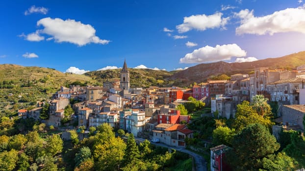 Amazing cityscape of Novara di Sicilia town. Aerial view of Novara di Sicilia, Sicily, Italy, Europe. Mountain village Novara di Sicilia, Sicily, Italy.