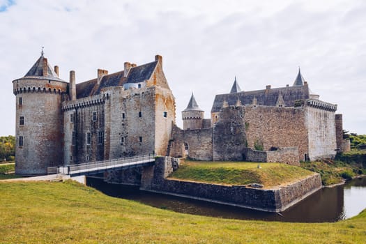 Panoramic view of Chateau de Suscinio, medieval castle, a former fortress & hunting lodge. Gulf of Morbihan, Brittany (Bretagne), France.