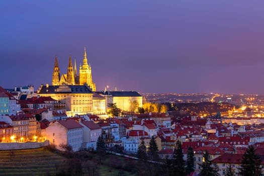 Prague Castle and Lesser Town panorama by night. View from Petrin Hill. Prague, Czech Republic. View of Prague Castle from Strahov monastery at night. Prague, Czech Republic 