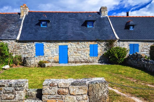 Street view of beautiful village of Rostudel former fishing village, Parc naturel regional d'Armorique. Finistere department, Camaret-sur-Mer. Brittany (Bretagne), France. 