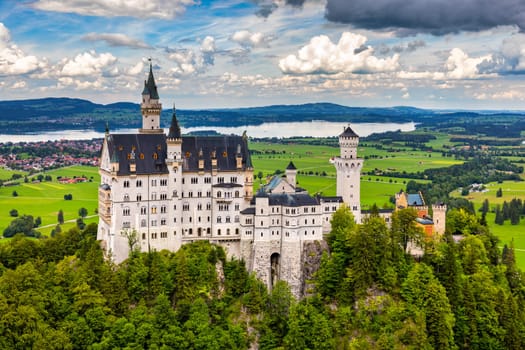 Neuschwanstein Fairytale Castle near Fussen, Bavaria, Germany. View of famous Neuschwanstein Castle. Location: village of Hohenschwangau, near Fussen, southwest Bavaria, Germany, Europe