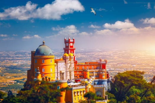 Palace of Pena in Sintra. Lisbon, Portugal. Travel Europe, holidays in Portugal. Panoramic View Of Pena Palace, Sintra, Portugal. Pena National Palace, Sintra, Portugal. 