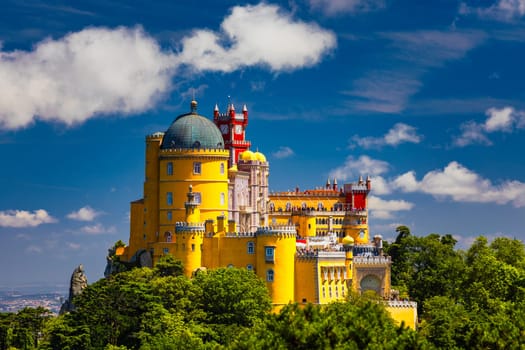 Palace of Pena in Sintra. Lisbon, Portugal. Travel Europe, holidays in Portugal. Panoramic View Of Pena Palace, Sintra, Portugal. Pena National Palace, Sintra, Portugal. 