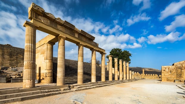 Ruins of Acropolis of Lindos view, Rhodes, Dodecanese Islands, Greek Islands, Greece. Acropolis of Lindos, ancient architecture of Rhodes, Greece. 