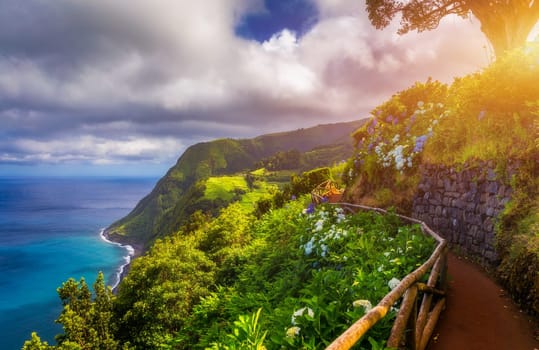 Viewpoint Ponta do Sossego, Sao Miguel Island, Azores, Portugal. View of flowers on a mountain and the ocean in Miradouro da Ponta do Sossego Nordeste, Sao Miguel, Azores, Portugal. 
