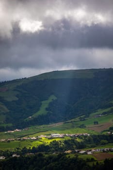 Panoramic Aerial View of Povoacao in Sao Miguel, Azores Islands. Povoacao is a municipality located in the southeastern corner of the island of Sao Miguel in the Portuguese archipelago of the Azores.