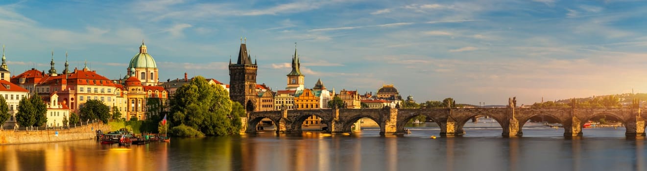 Charles Bridge sunset view of the Old Town pier architecture, Charles Bridge over Vltava river in Prague, Czechia. Old Town of Prague with Charles Bridge, Prague, Czech Republic.