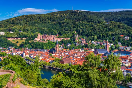 Landmark and beautiful Heidelberg town with Neckar river, Germany. Heidelberg town with the famous Karl Theodor old bridge and Heidelberg castle, Heidelberg, Germany. 