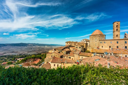Tuscany, Volterra town skyline, church and panorama view. Maremma, Italy, Europe. Panoramic view of Volterra, medieval Tuscan town with old houses, towers and churches, Volterra, Tuscany, Italy.