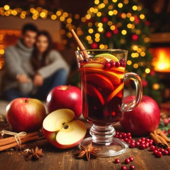 Christmas traditional mulled wine on a wooden table against Christmas tree, fireplace and loving couple on background. macro lens with bokeh