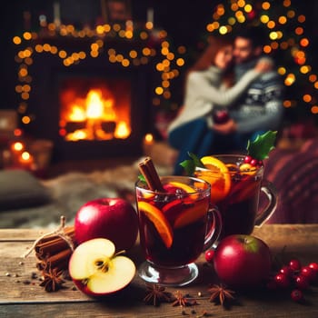 Christmas traditional mulled wine on a wooden table against Christmas tree, fireplace and loving couple on background. macro lens with bokeh