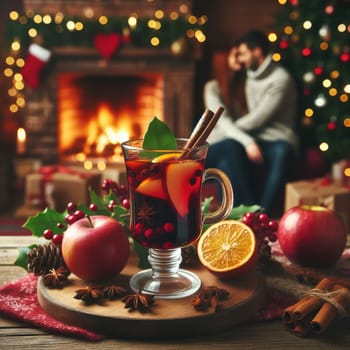 Christmas traditional mulled wine on a wooden table against Christmas tree, fireplace and loving couple on background. macro lens with bokeh