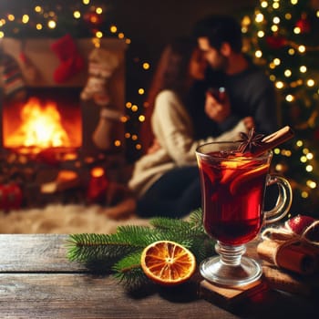 Christmas traditional mulled wine on a wooden table against Christmas tree, fireplace and loving couple on background. macro lens with bokeh