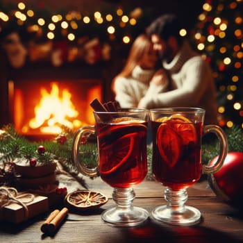 Christmas traditional mulled wine on a wooden table against Christmas tree, fireplace and loving couple on background. macro lens with bokeh