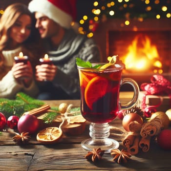 Christmas traditional mulled wine on a wooden table against Christmas tree, fireplace and loving couple on background. macro lens with bokeh