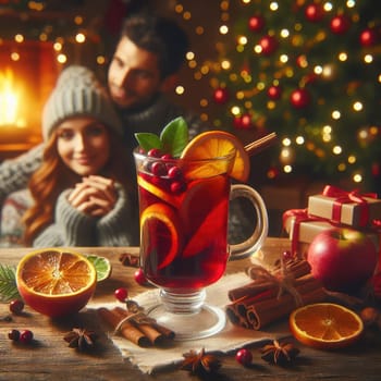 Christmas traditional mulled wine on a wooden table against Christmas tree, fireplace and loving couple on background. macro lens with bokeh