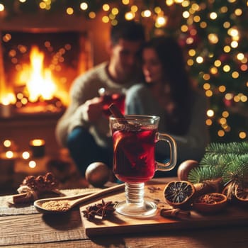 Christmas traditional mulled wine on a wooden table against Christmas tree, fireplace and loving couple on background. macro lens with bokeh