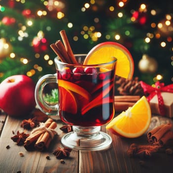 Christmas mulled wine with apple, cranberry, orange, spices and chocolate on a wooden table.